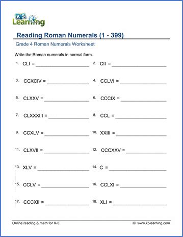 Grade 4 Roman Numerals Worksheets K5 Learning Roman Numeral Worksheet - Roman Numeral Worksheet