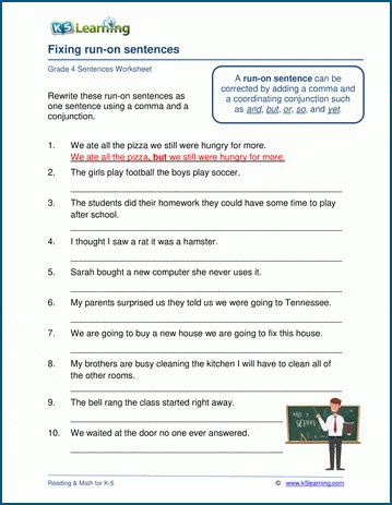 Grade 4 Sentences Worksheets K5 Learning Run On Sentence Worksheet 4th Grade - Run On Sentence Worksheet 4th Grade