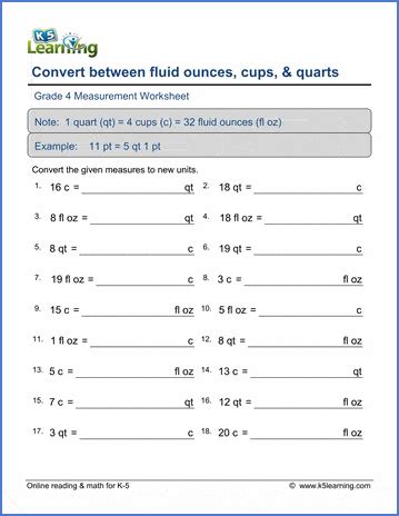 Grade 4 Worksheets Convert Volumes Cups Pints Quarts Measuring Cups Worksheet - Measuring Cups Worksheet
