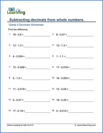 Grade 5 Decimals Worksheets Decimal Subtraction K5 Learning Subtracting With Decimals Worksheet - Subtracting With Decimals Worksheet