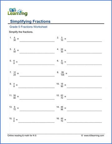 Grade 5 Fractions Worksheets Simplifying Fractions K5 Learning Simplification Exercises For Grade 5 - Simplification Exercises For Grade 5