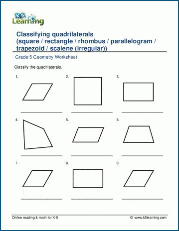 Grade 5 Geometry Worksheets Quadrilaterals K5 Learning Quadrilaterals Practice Worksheet - Quadrilaterals Practice Worksheet