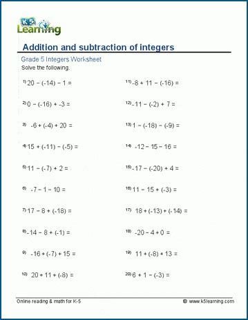 Grade 5 Integer Worksheets K5 Learning Introduction To Integers Worksheet - Introduction To Integers Worksheet