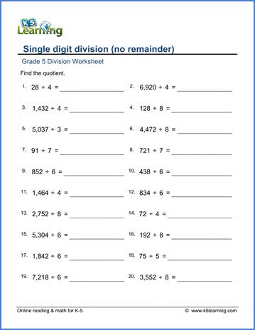 Grade 5 Math Worksheets Single Digit Division K5 Division Worksheet Grade 5 Printable - Division Worksheet Grade 5 Printable