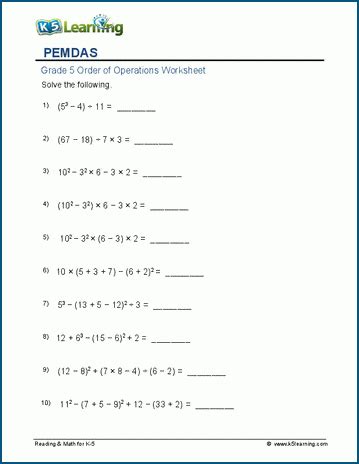 Grade 5 Pemdas Worksheets K5 Learning K5 Learning Pemdas Worksheets For 5th Grade - Pemdas Worksheets For 5th Grade