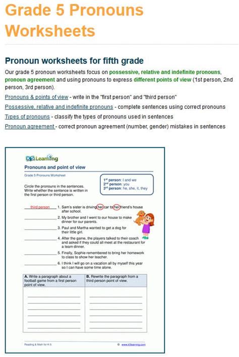 Grade 5 Pronouns Worksheets K5 Learning Pronoun First Grade Worksheet - Pronoun First Grade Worksheet