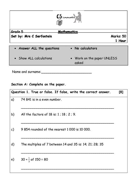 Grade 5 Term 1 Exam Revision 1 Worksheet Revision Worksheet Grade 5 - Revision Worksheet Grade 5