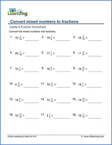 Grade 6 Fractions Worksheets Convert Mixed Numbers To Mixed Fractions Worksheets 6th Grade - Mixed Fractions Worksheets 6th Grade