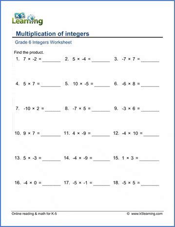 Grade 6 Integers Worksheets Multiplying Integers By Whole Integer Worksheets Grade 6 - Integer Worksheets Grade 6