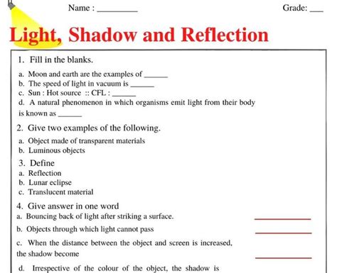 Grade 6 Light Shadows And Reflection Worksheets Light Reflection Worksheet - Light Reflection Worksheet
