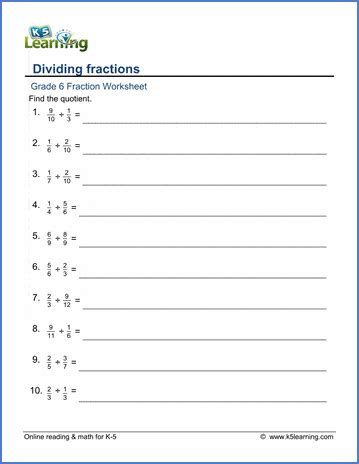 Grade 6 Math Worksheet Fractions Dividing Fractions K5 Fractions For 6th Graders - Fractions For 6th Graders