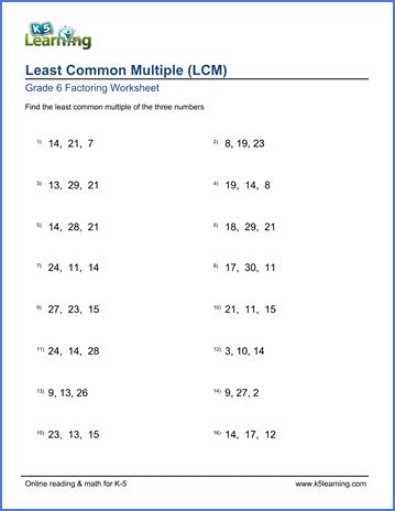 Grade 6 Math Worksheet Least Common Multiple Lcm Lcm Math Worksheets - Lcm Math Worksheets