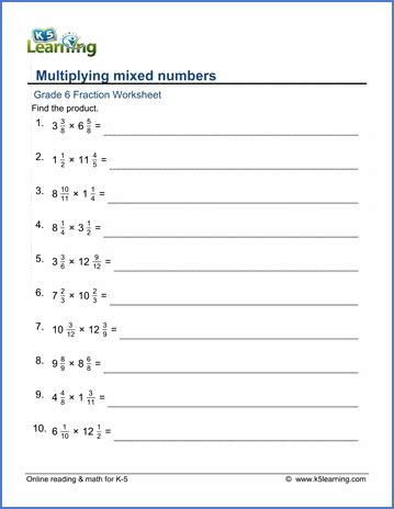 grade 6 math worksheets multiplying mixed numbers and fractions k5
