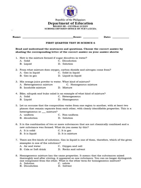 Grade 6 Science Test With Answers