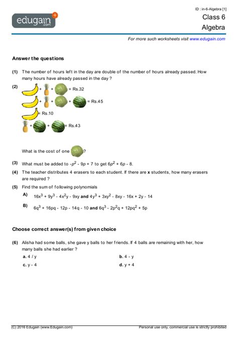 Grade 6 Singapore School Math Algebraic Expressions Algebraic Expressions Grade 6 - Algebraic Expressions Grade 6