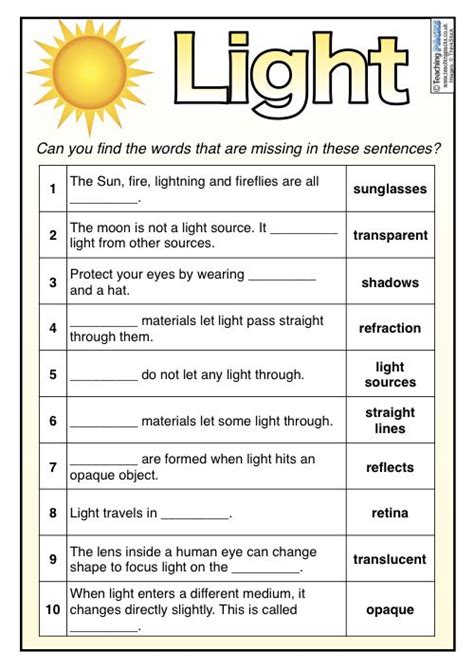 Grade 7 Light Worksheets Worksheets Buddy Light Matching Worksheet Answers - Light Matching Worksheet Answers