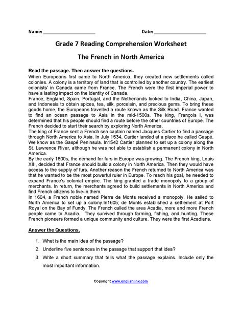 Grade 7 Reading Comprehension Worksheets Pdf Amulette 7th Grade Reading Comprehension Worksheet - 7th Grade Reading Comprehension Worksheet