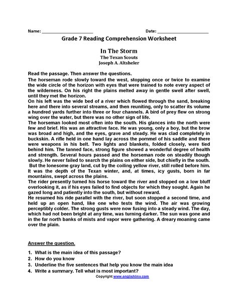 Grade 7 Reading Comprehension Worksheets Reading Comprehension Worksheet Grade 7 - Reading Comprehension Worksheet Grade 7