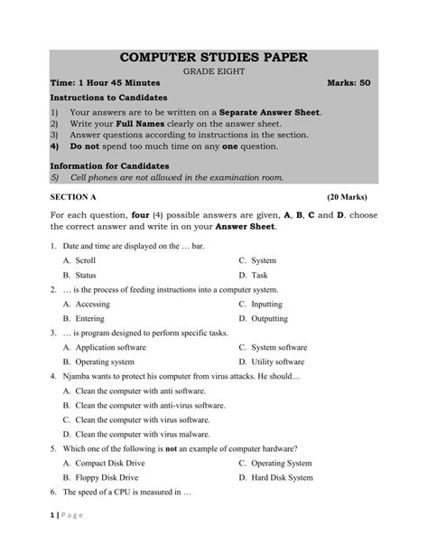 Grade 8 Computer Studies Questions And Answers Free