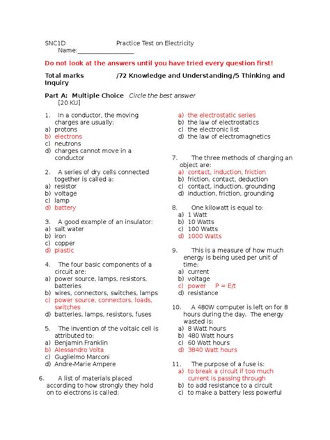 grade 9 electricity test with answers