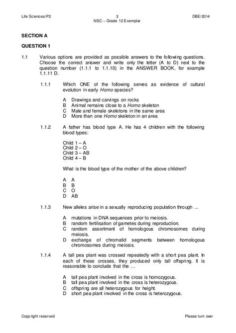 Read Online Grade 12 March 2014 Life Science Paper1 Question 1 