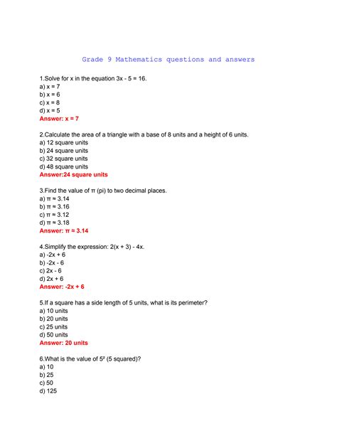 Read Grade 9 Mathematics Questions And Answers 