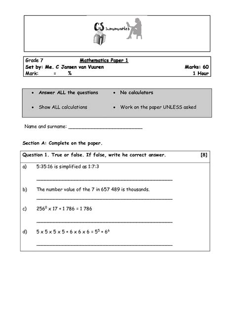 Read Grade Seven Maths Past Examinition Papers 
