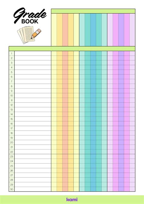 Gradebook 30 Lines Colorful Blank For Teachers Perfect Teacher Grade Book Template Printable - Teacher Grade Book Template Printable