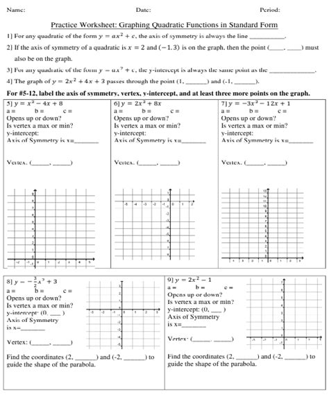 graphing quadratic functions in standard form worksheet 1 answers