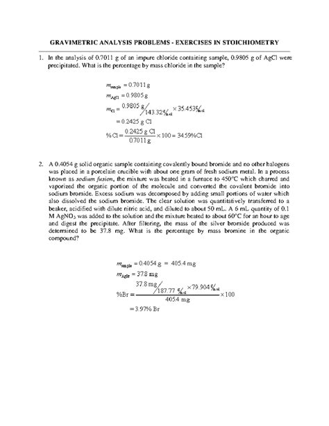 Gravimetric Analysis Problems Exercises In Stoichiometry