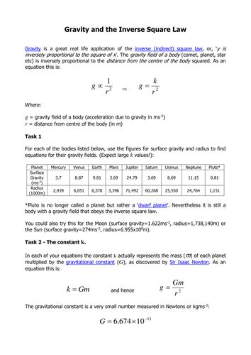gravity inverse square law problems answer key