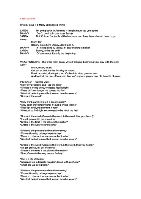 Grease Play Script For Primary School