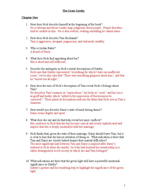 Read Great Gatsby Study Questions Answers Cornell University 