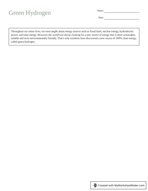Green Hydrogen Worksheet