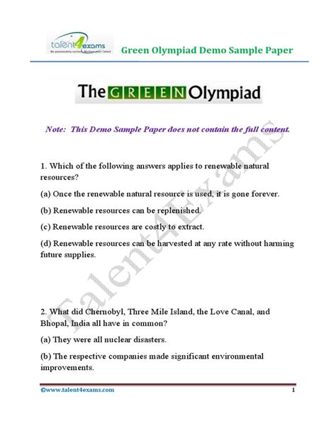 Full Download Green Olympiad Sample Paper 