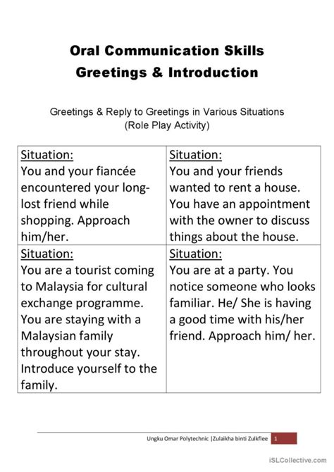 Greetings Introductions Esl Activities Role Plays Worksheets Games Introduce Myself Worksheet - Introduce Myself Worksheet