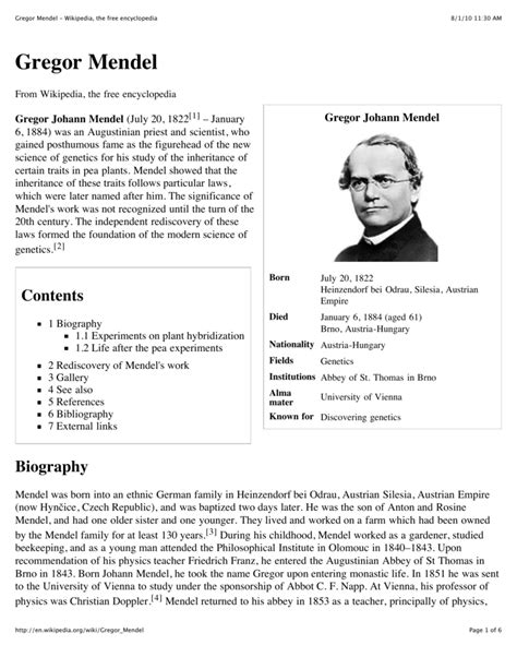 gregor mendel biography summary rubric