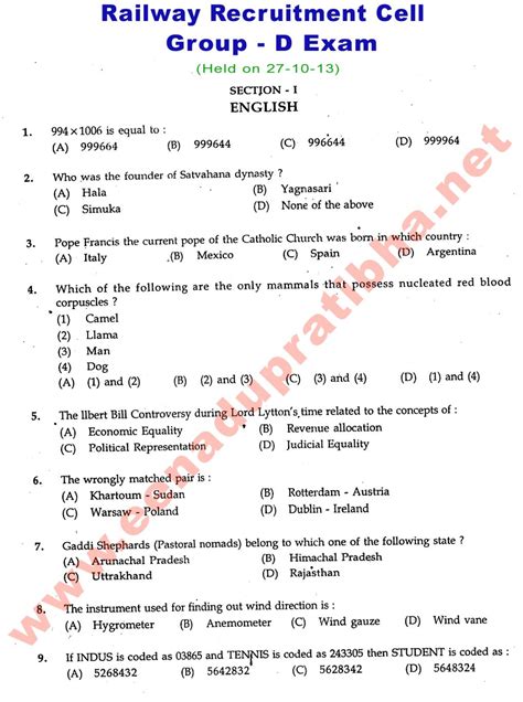 Read Group D Railway Exam Papers Important Questions 