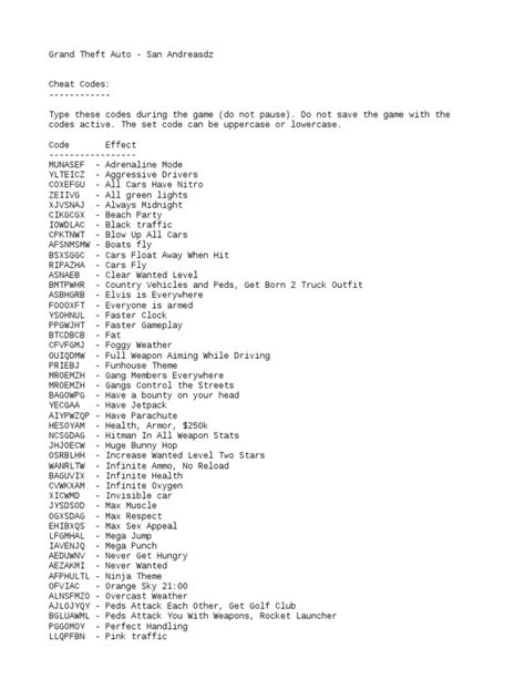 Gta Sa Cheat Codes For Pc