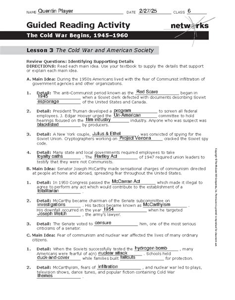 Guided Reading Activity The Cold War Begins Answers Lesson 3