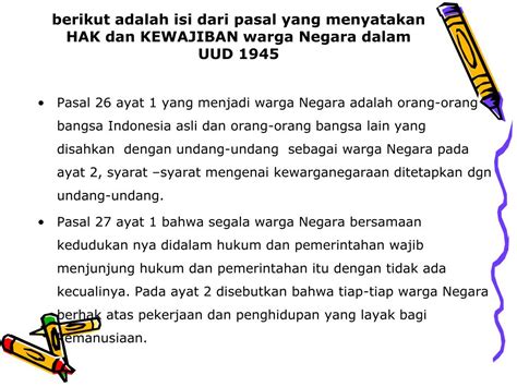 HAK WARGA NEGARA MENURUT UUD 1945：HAK DAN KEWAJIBAN WARGA NEGARA INDONESIA DENGAN UUD 45