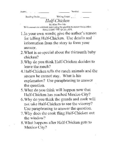 half chicken comprehension questions