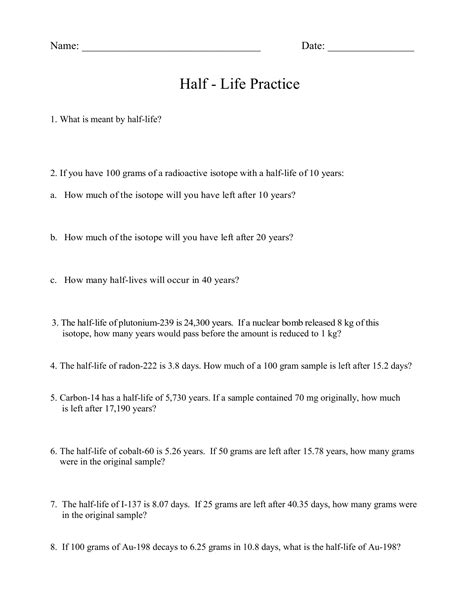 Half Life Practice Problems With Answers Exponential