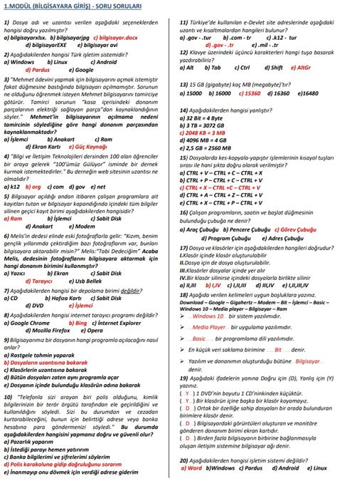 halk eğitim bilgisayar kursu 1 modül sınav soruları ve cevaplarıs