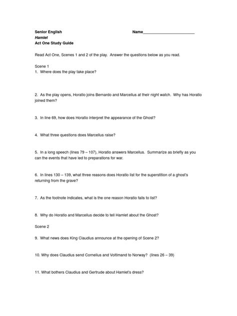 Hamlet Act 1 Study Guide Answers