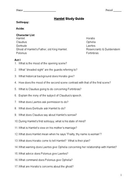 Hamlet Study Guide Questions Answers Act 1