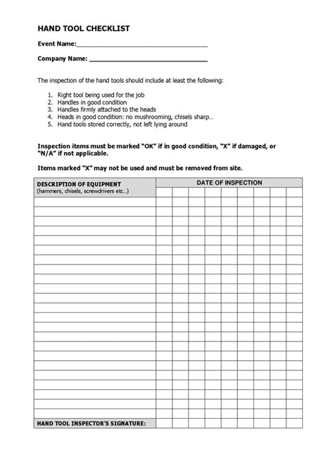 Hand Tools Maintenance Checklist