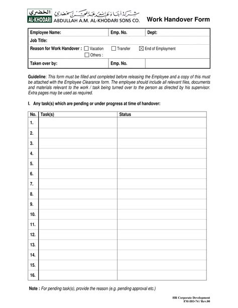Download Hand Over Take Document Template 