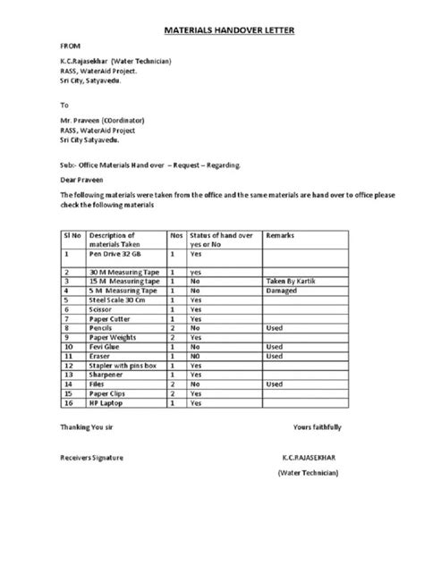 Handing Over Letter Sample