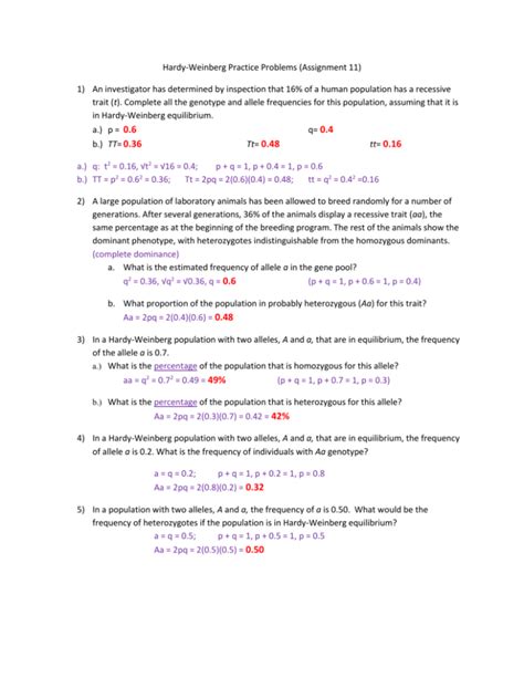 Hardy Weinberg Practice Problems Worksheet With Answers